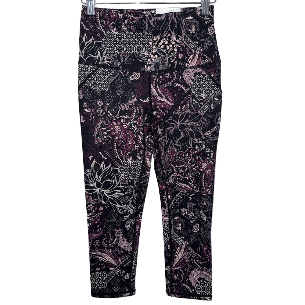 NWT Womens Gaiam Black White Purple Floral High Rise High Waisted Leggings Sz XS